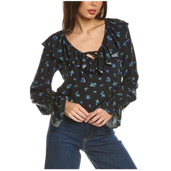 WeWoreWhat Black Ruffle Floral Long Sleeve Viscose Blouse XS - Picture 1 of 7